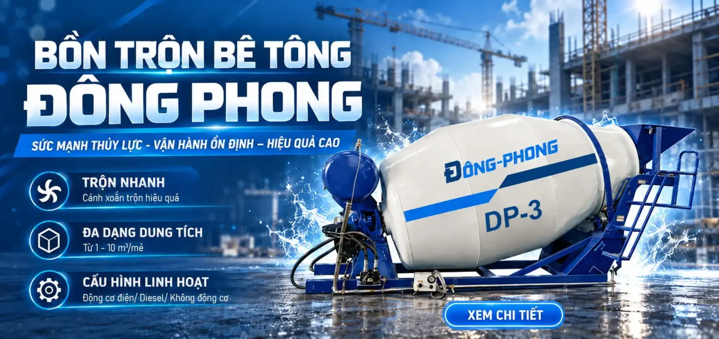 Bồn trộn bê tông Đông Phong DP-3 màu trắng xanh tại công trường xây dựng