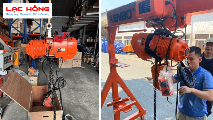 Pa lăng xích điện Kenbo màu cam treo trên giá đỡ trong kho