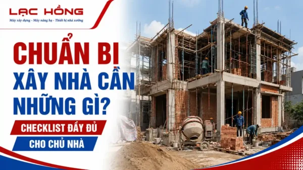 Công trình xây nhà nhiều tầng với công nhân và máy trộn bê tông