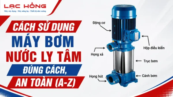 Infographic cách sử dụng máy bơm nước ly tâm màu xanh với chú thích các bộ phận