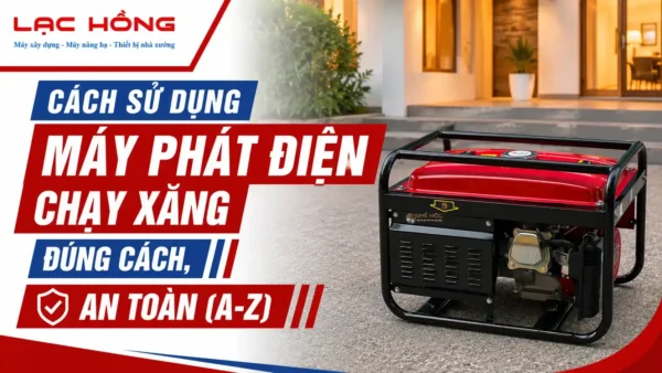 Máy phát điện chạy xăng màu đỏ đen đặt ngoài sân nhà