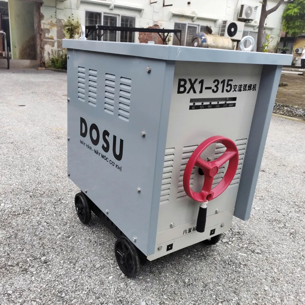 Máy hàn DOSU BX1-500 5 Máy hàn DOSU BX1-315 màu xám có bánh xe và núm điều chỉnh đỏ