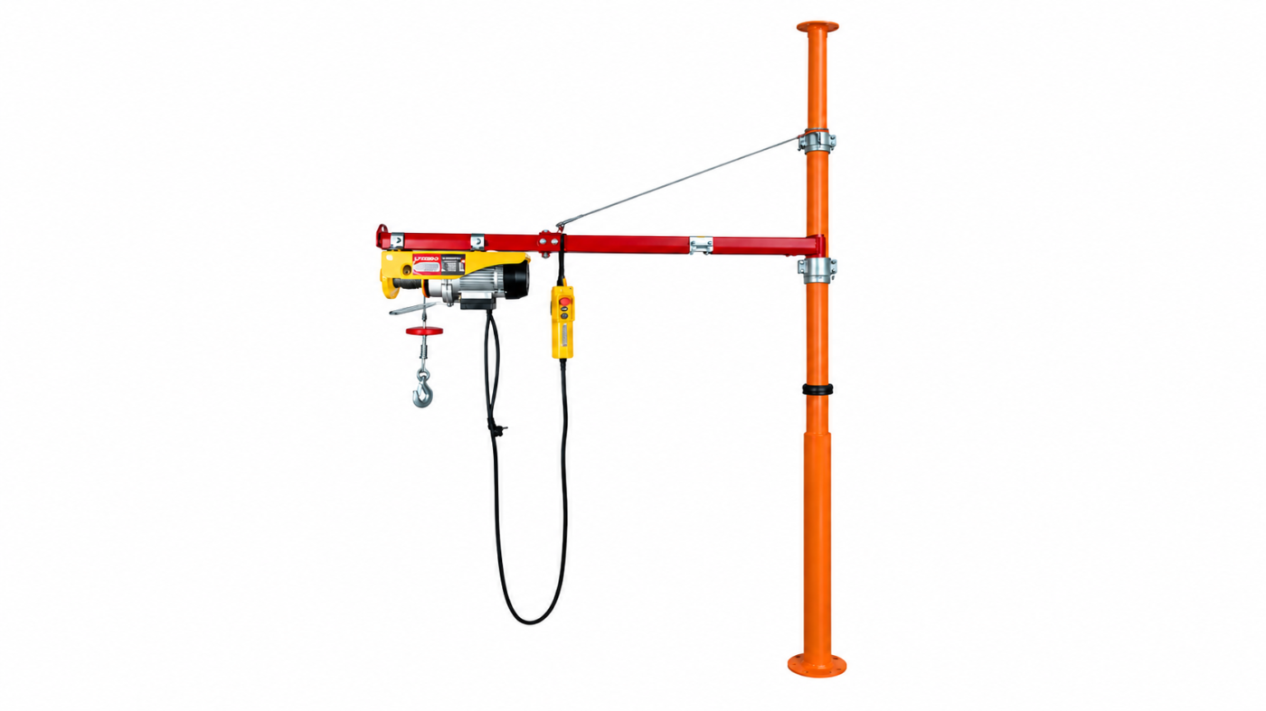 Khung cẩu chống sàn KENBO KNCS3: lắp tời kéo vật tư không cần đục sàn 1 Khung cầu xoay chống sàn màu cam đỏ kèm tời điện vàng có móc câu