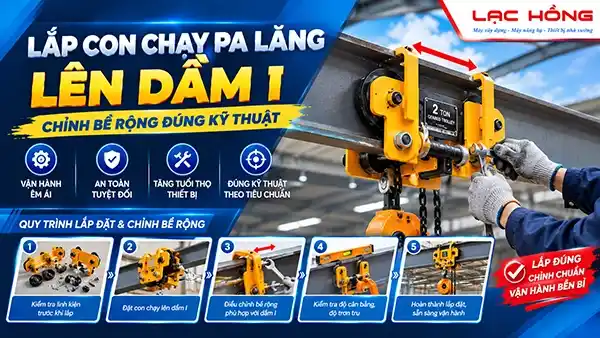 Lắp con chạy pa lăng lên dầm I: chỉnh bề rộng đúng kỹ thuật