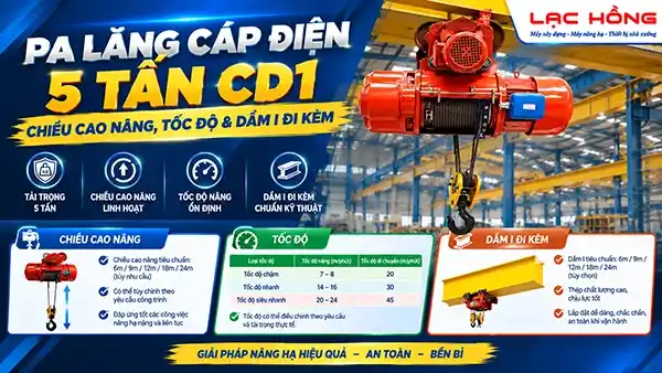 Pa lăng cáp điện 5 tấn CD1: Chiều cao nâng, tốc độ & dầm I đi kèm