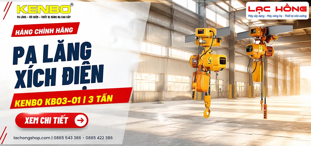 Trang chủ 52 Pa lăng xích điện Kenbo KB03-01 3 tấn treo trong nhà xưởng công nghiệp
