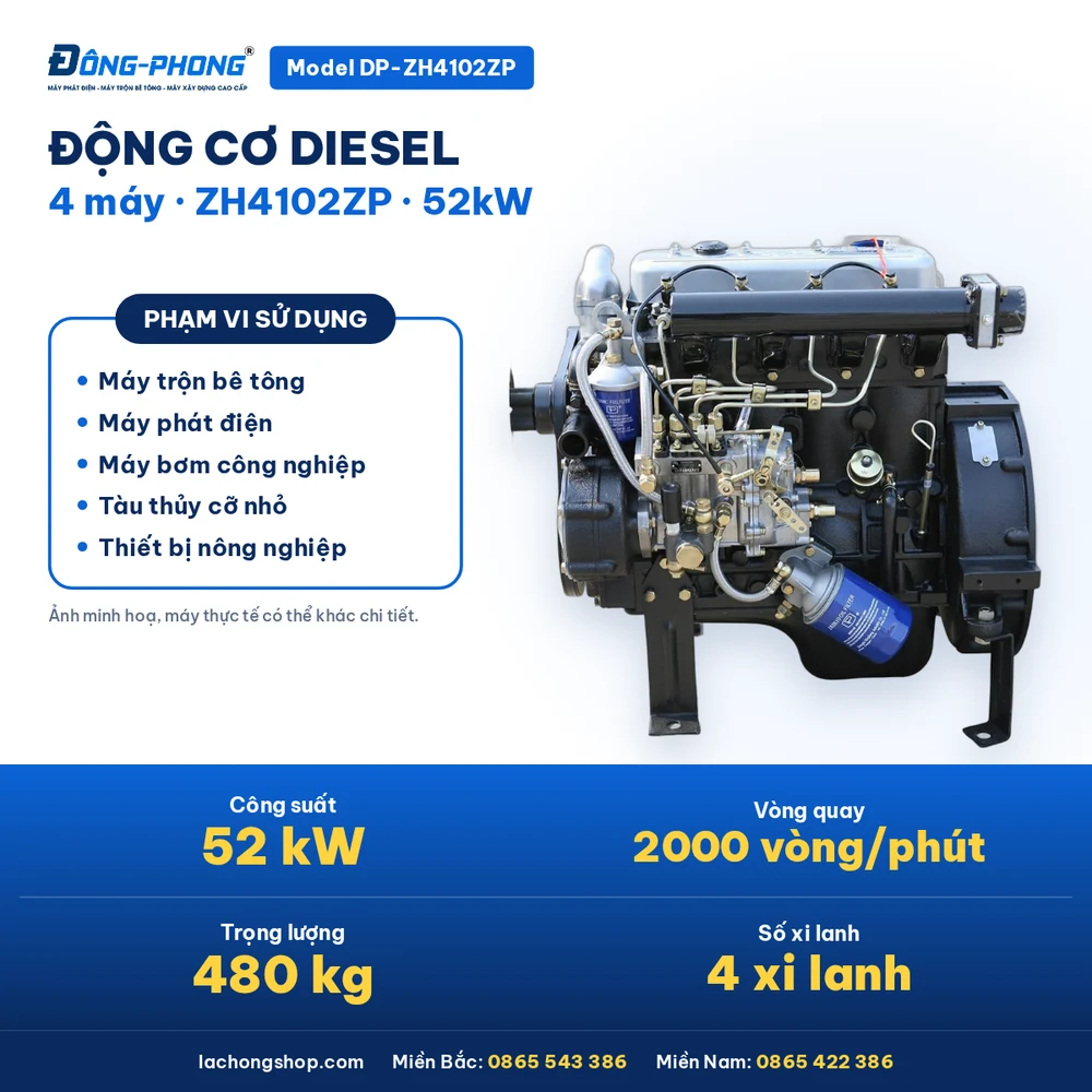 Động cơ Diesel ĐÔNG PHONG 4 máy ZH4102ZP 52kW 2 Động cơ diesel Đông Phong ZH4102ZP 4 máy 52kW công suất 480kg