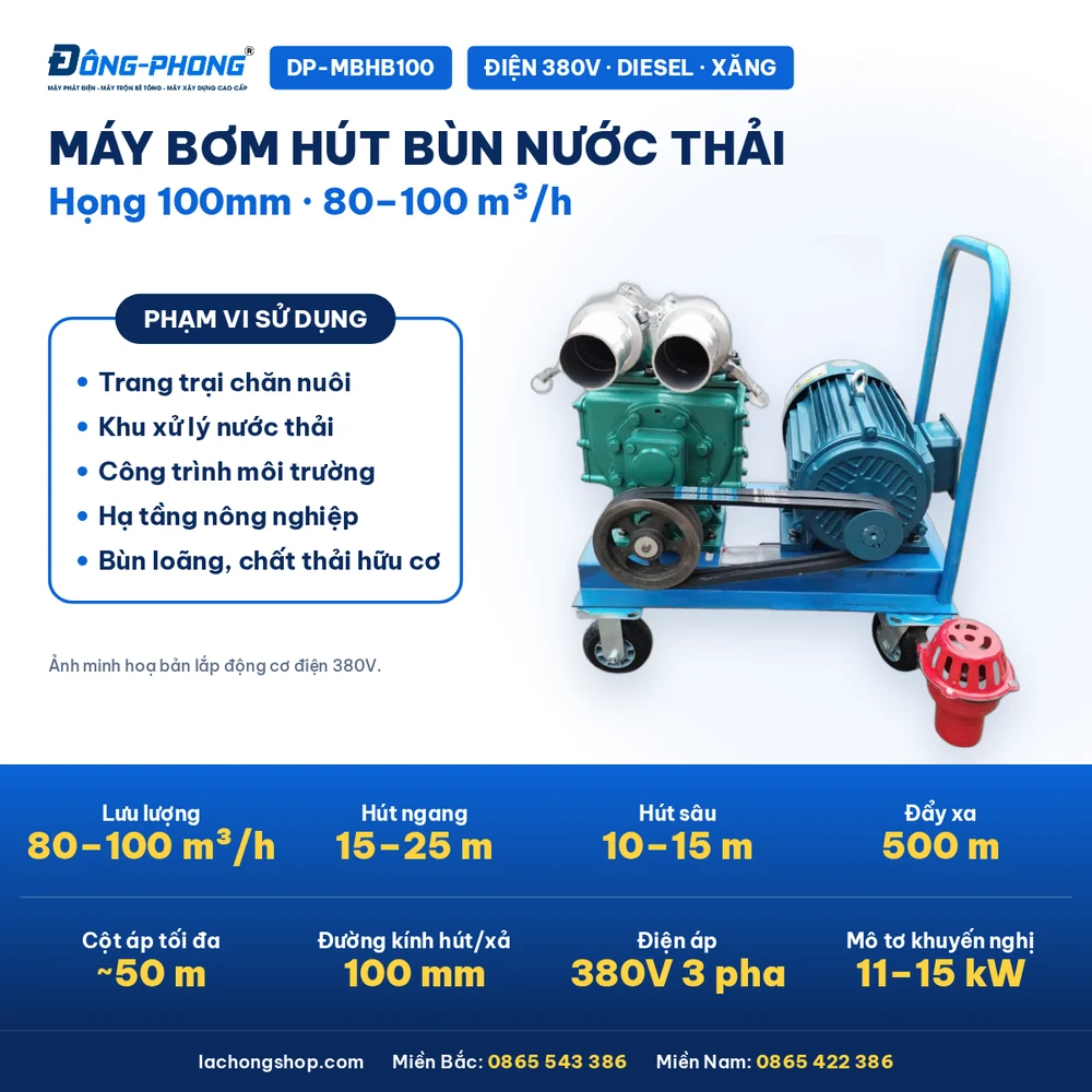 Máy bơm hút bùn nước thải Đông Phong 100mm 80-100m³ 2 Máy bơm hút bùn nước thải Đông Phong DP-MBHB100 họng 100mm gắn xe đẩy bánh xe màu xanh